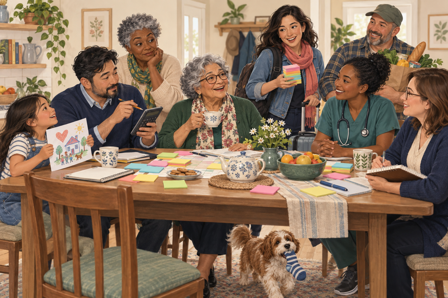 An older woman, family members, a nurse, and a care coordinator share a lively planning moment around a kitchen table, while a dog carries off a sock.