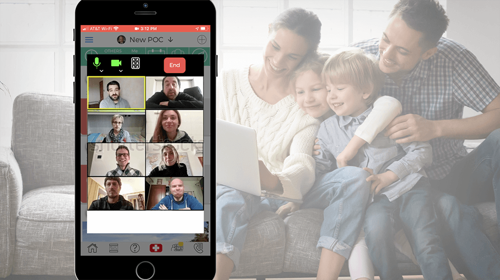 A phone shows a group video call beside a family seated together.