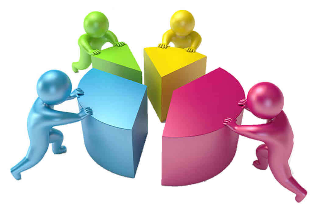 Four colored figures push separate pieces of a pie chart together.