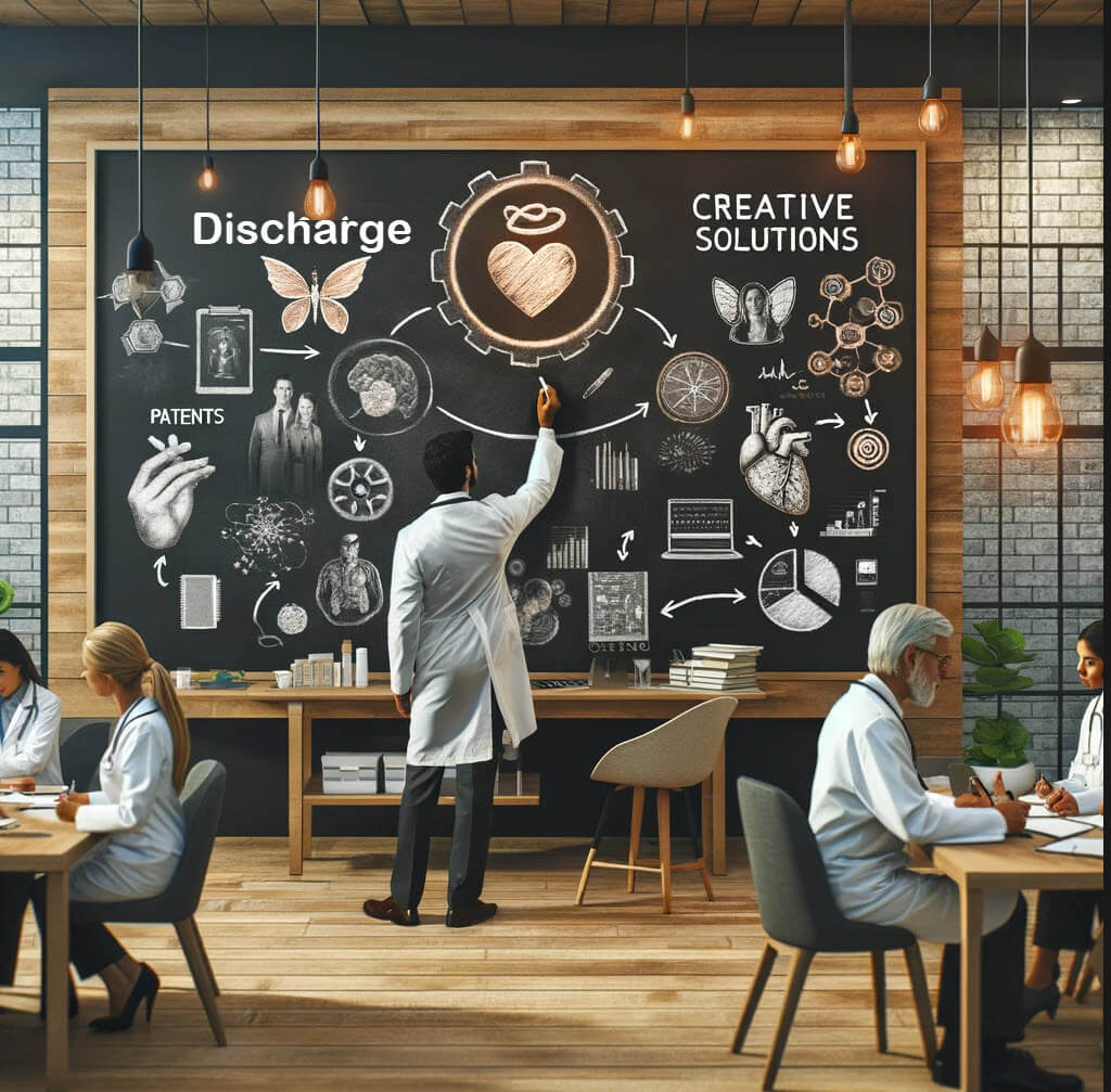 A clinician sketches discharge-care ideas on a chalkboard while colleagues work nearby.