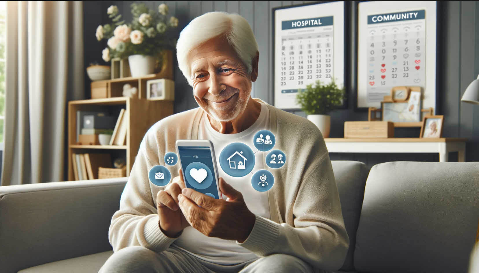 An older adult uses a phone at home, surrounded by illustrated health and community icons.