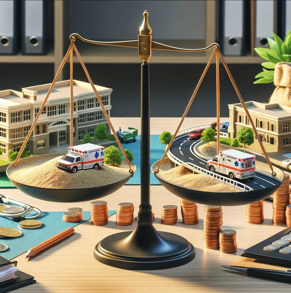 A balance scale holds miniature hospitals and ambulances, with coins arranged on the desk below.