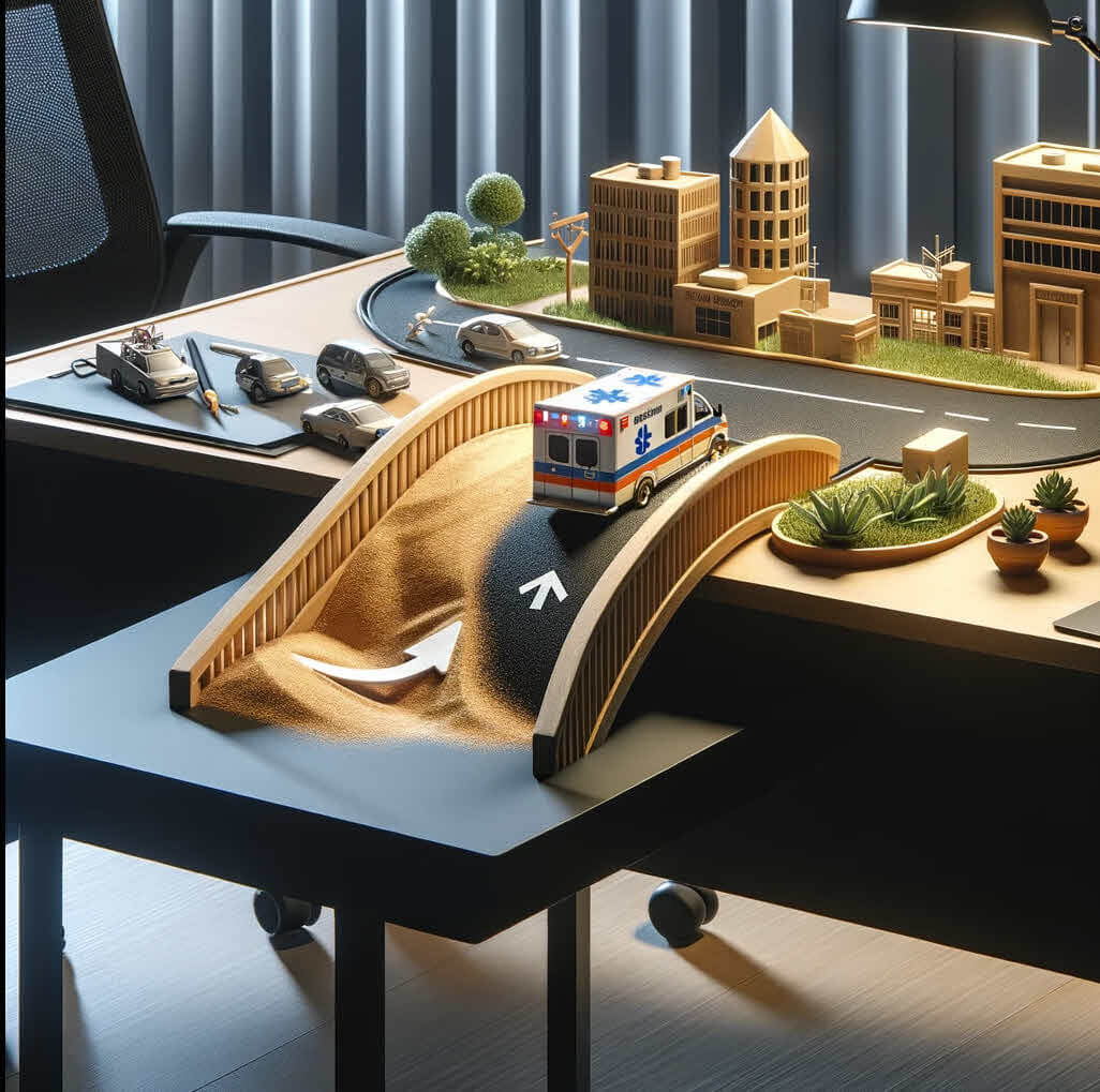 A model ambulance crosses a miniature bridge between buildings on a desk.