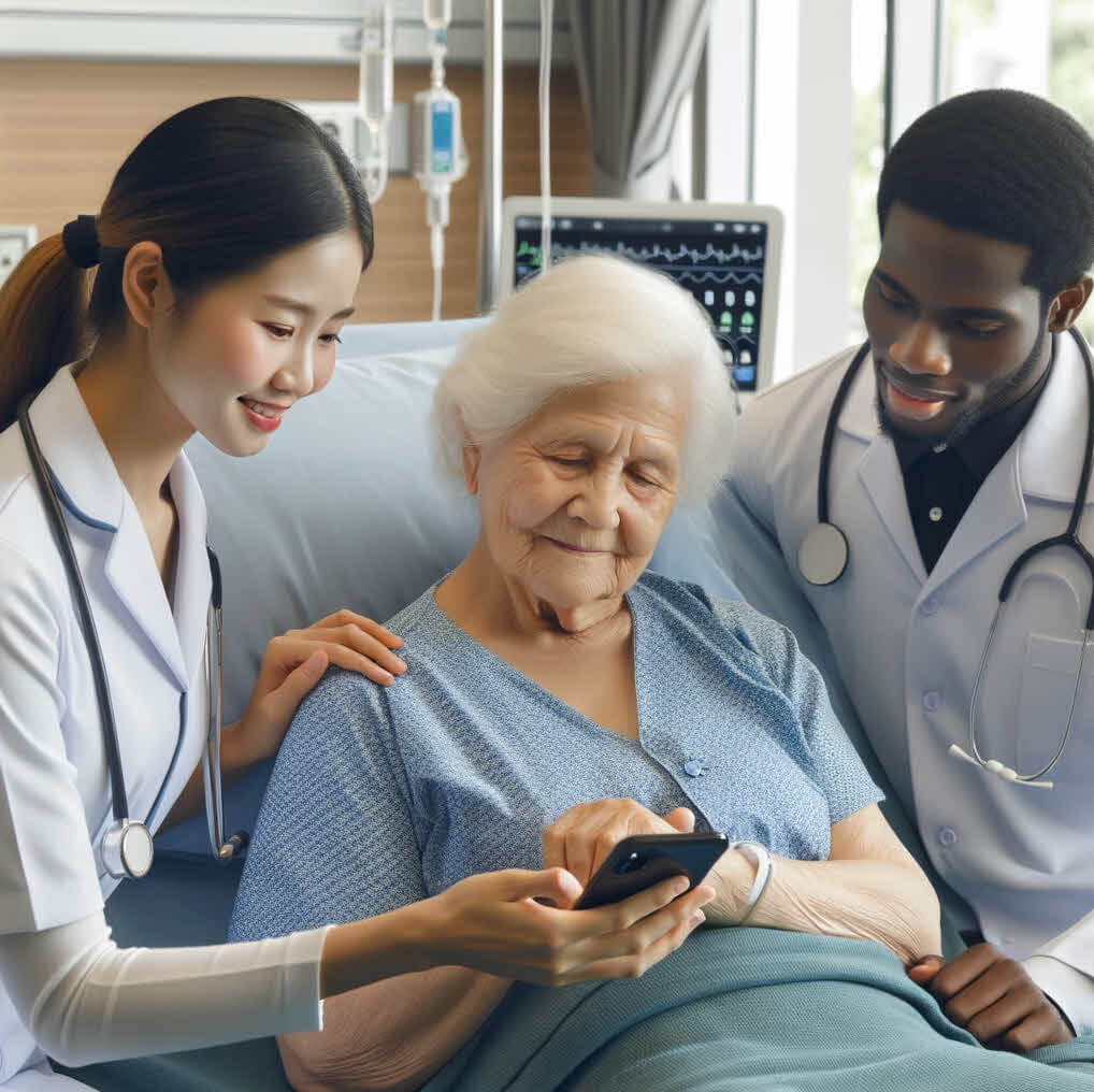 Two clinicians help an older patient look at a phone beside a hospital bed.