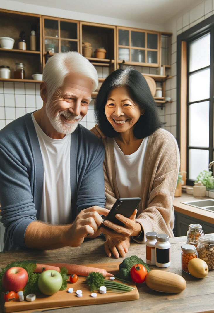 An older couple looks at a phone together at a kitchen counter with food and medication bottles.