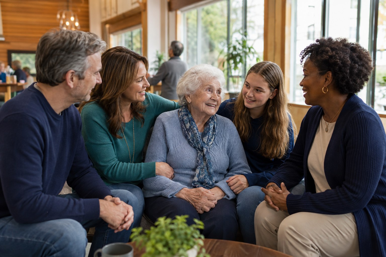 An older woman with her adult children, her granddaughter, and a program staff member in a bright community room