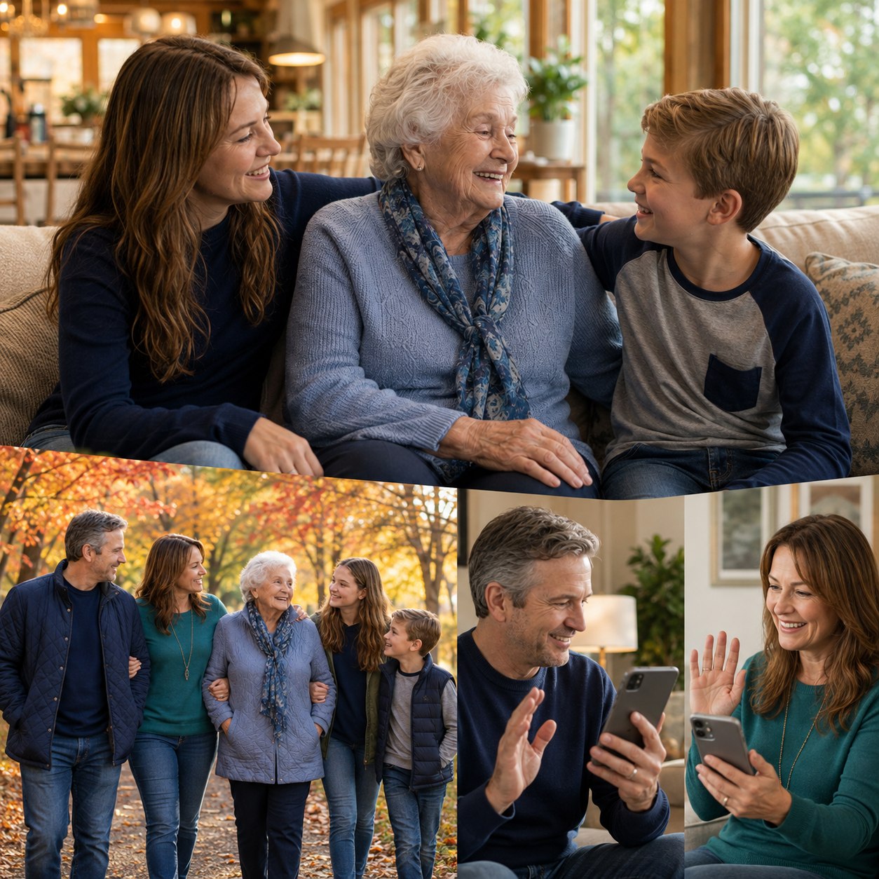 Family visits and walks with an aging parent while siblings coordinate care from different homes
