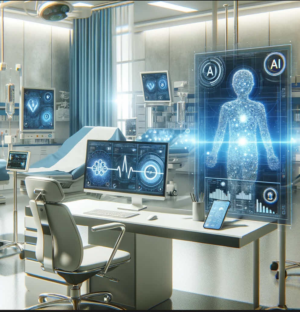 Concept illustration of AI displays and a digital human figure in a clinical room.